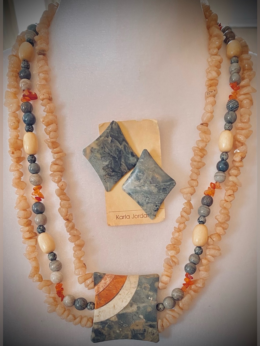 VTG Karla Jordan Studio Statement Necklace & Earring Set Marble & Natural Stone